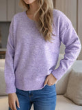 V-Neck Dropped Shoulder Long Sleeve Sweater - Trendsi - Flyclothing LLC