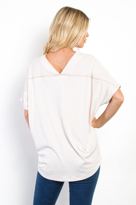 Be Stage Full Size V-Neck Short Sleeve Ribbed Top - Trendsi