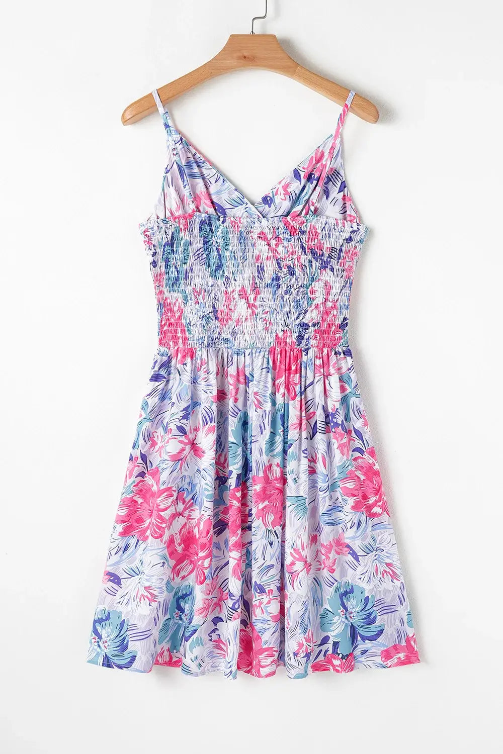 Floral Spaghetti Strap Surplice Neck Shirred Waist Mini Dress - Trendsi - Flyclothing LLC