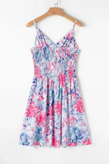 Floral Spaghetti Strap Surplice Neck Shirred Waist Mini Dress - Trendsi - Flyclothing LLC