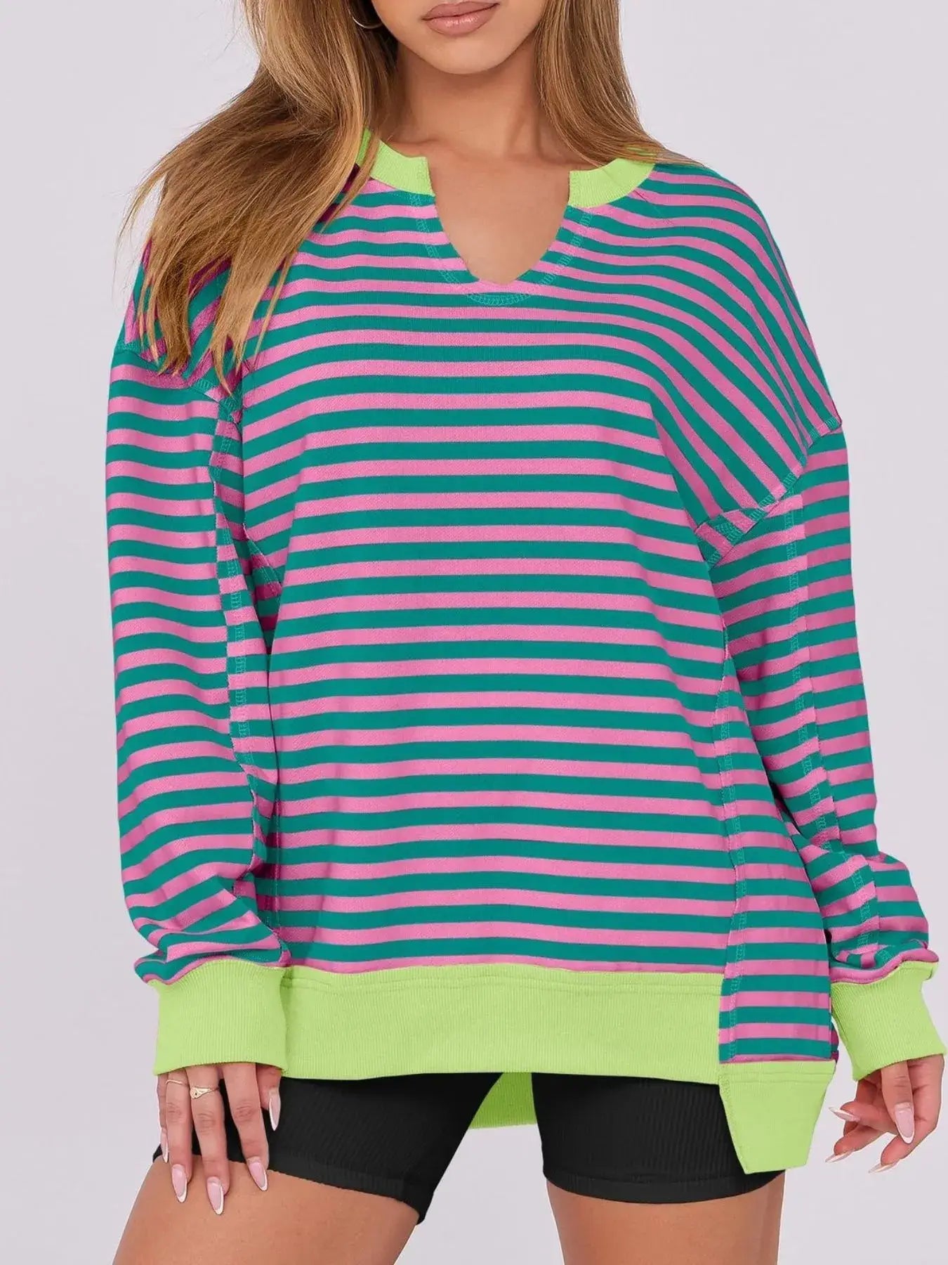 Notched Long Sleeve Oversized Sweatshirt - Trendsi - Flyclothing LLC