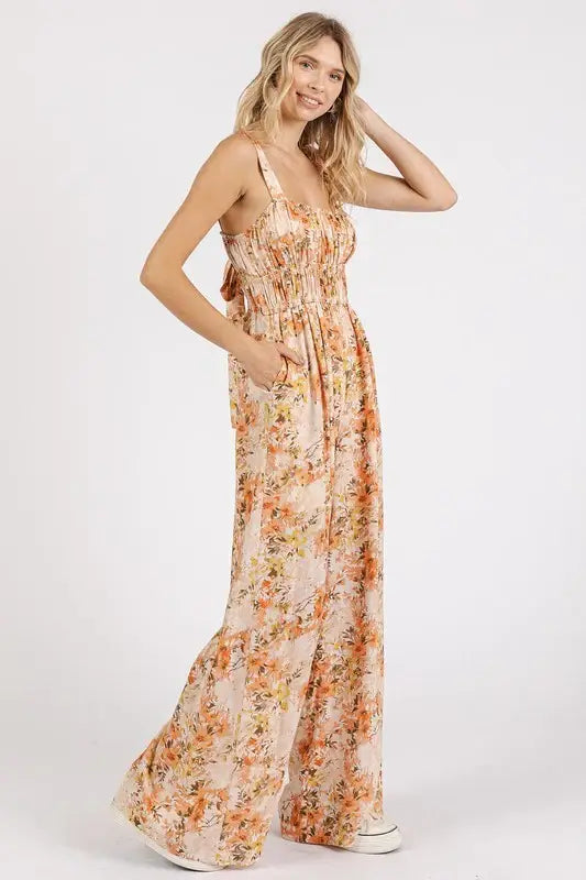 Mittoshop Flower Print Gathered Bust Sleeveless Jumpsuit - Trendsi - Flyclothing LLC