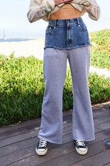 Davi & Dani Raw Hem Denim Patchwork Wide Leg Pants - Trendsi - Flyclothing LLC