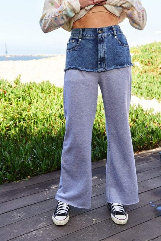 Davi & Dani Raw Hem Denim Patchwork Wide Leg Pants - Trendsi - Flyclothing LLC