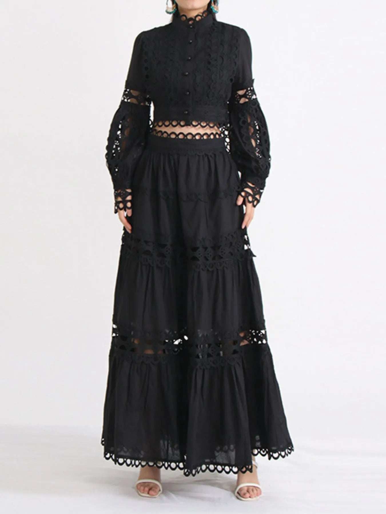 Lace Button Up Long Sleeve Top and Skirt Set - Trendsi - Flyclothing LLC