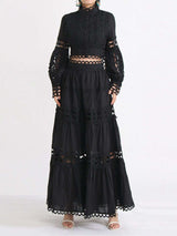 Lace Button Up Long Sleeve Top and Skirt Set - Trendsi - Flyclothing LLC