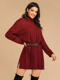 Perfee Slit Turtleneck Long Sleeve Mini Sweater Dress - Trendsi