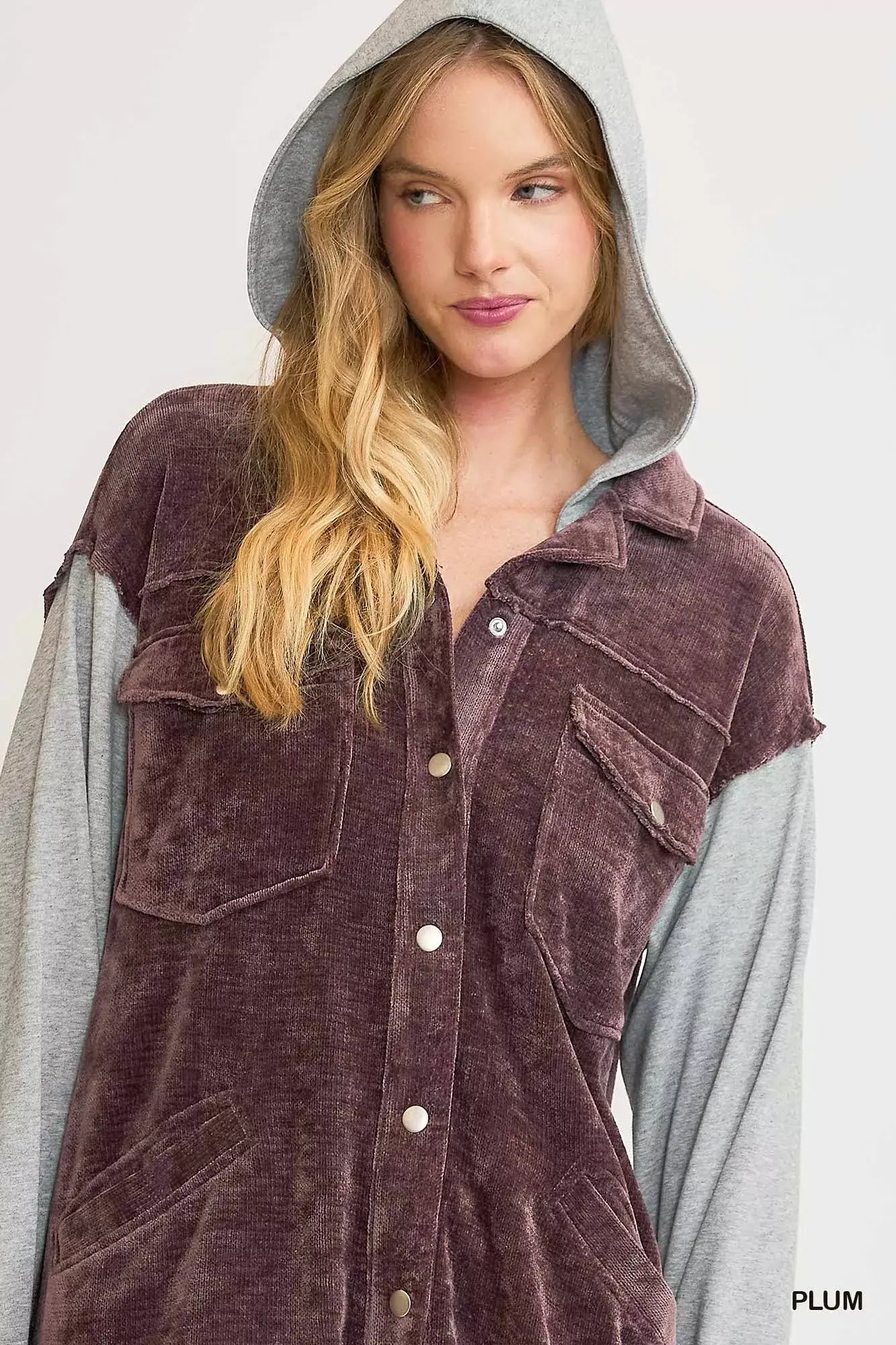 Umgee Contrast Hooded Chenille Jacket - Trendsi - Flyclothing LLC