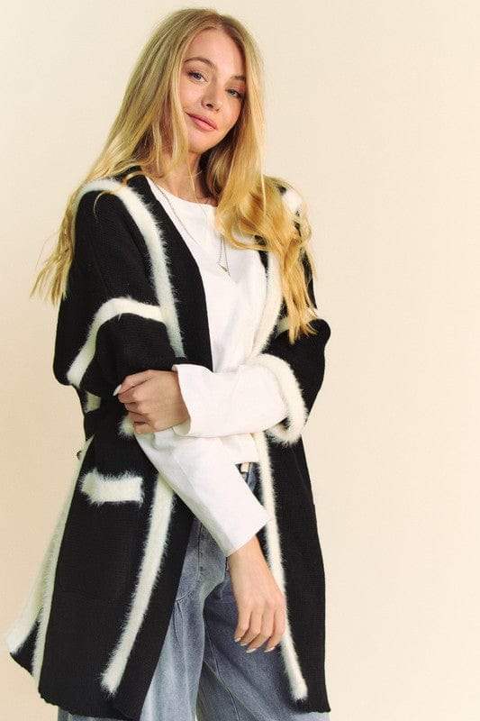 Davi & Dani Fuzzy Trim Open Front Loose Fit Cardigan - Trendsi - Flyclothing LLC