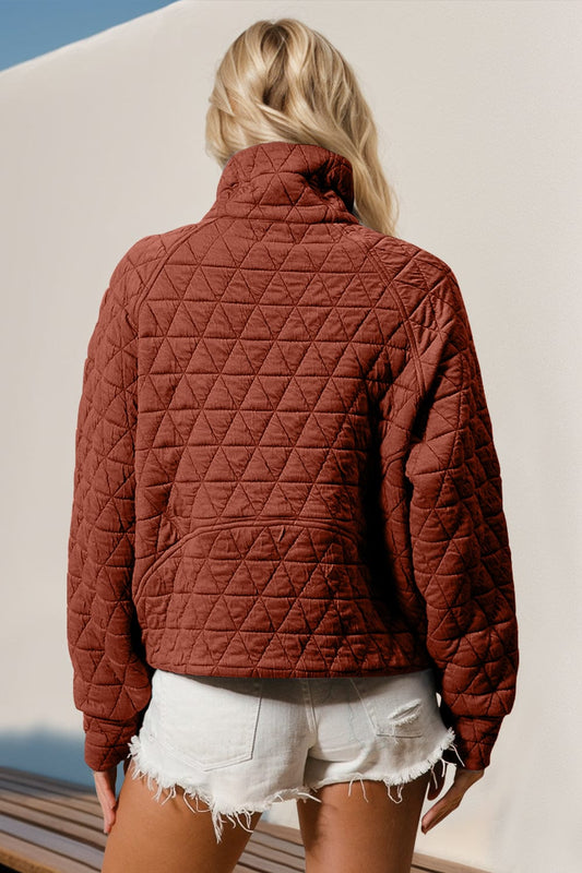 Double Take Half Zip Long Sleeve Quilted Sweatshirt with Pocket - Trendsi