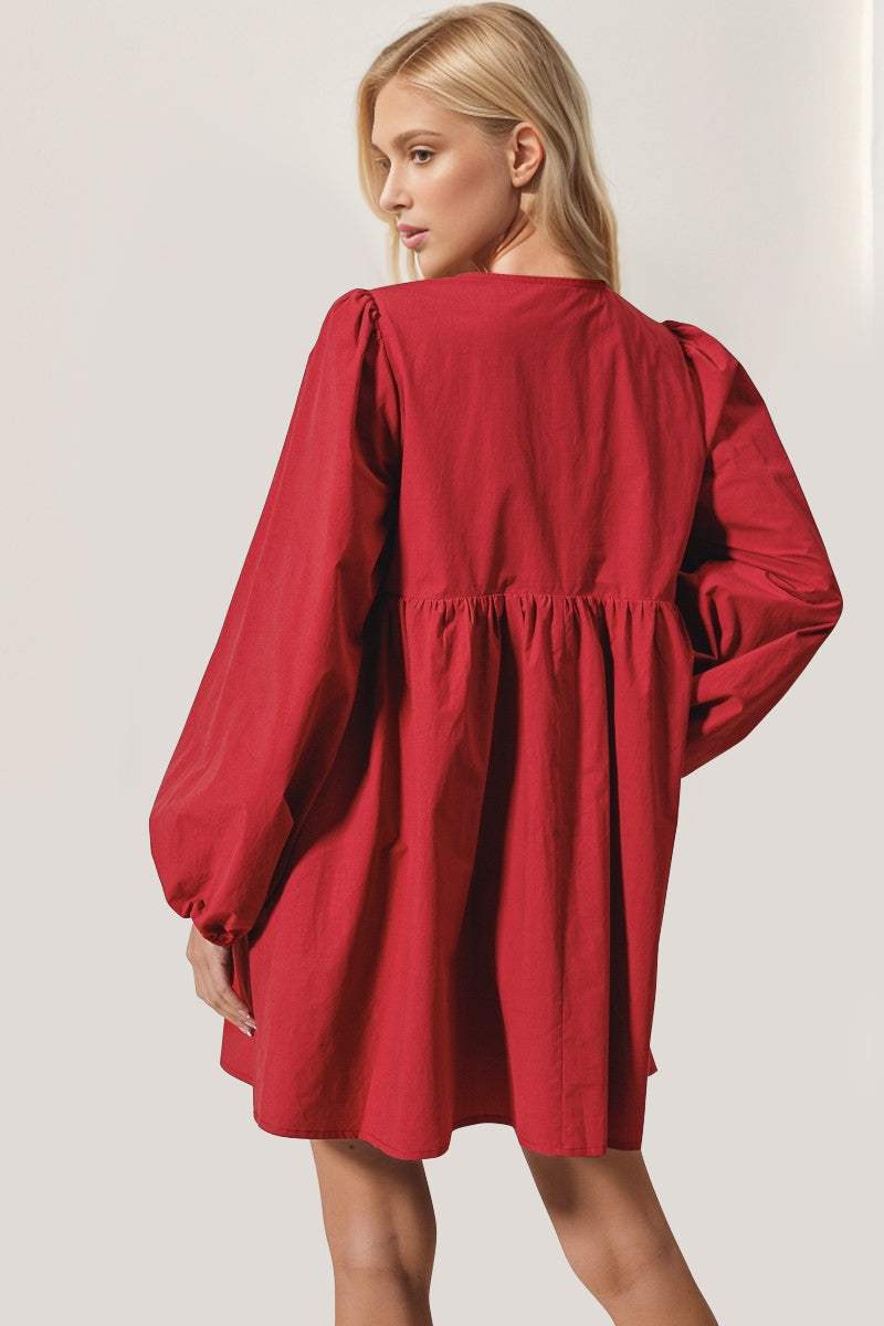 Double Take Tied Long Sleeve Mini Dress - Trendsi - Flyclothing LLC