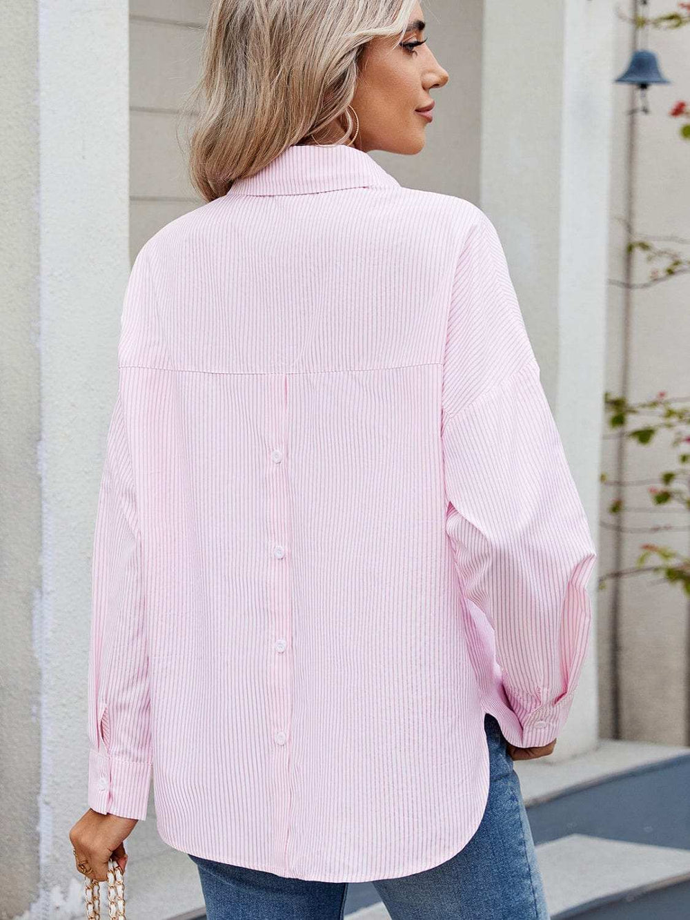 Striped Collared Neck Button Down Long Sleeve Shirt - Trendsi - Flyclothing LLC