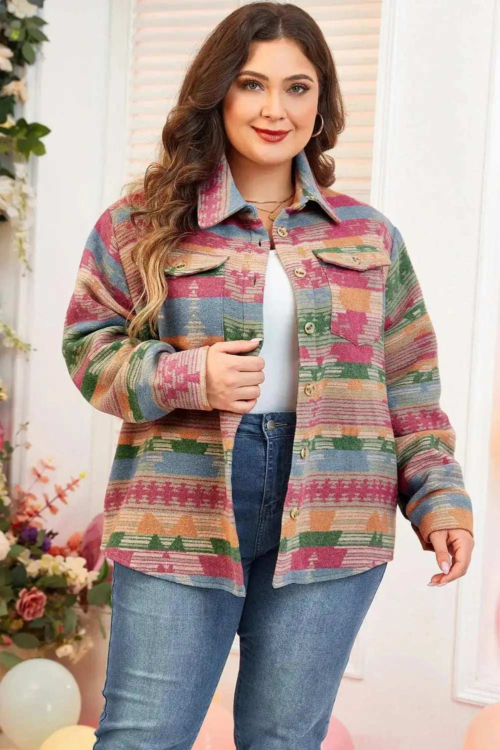 Plus Size Pocketed Printed Collared Neck Jacket - Trendsi - Flyclothing LLC