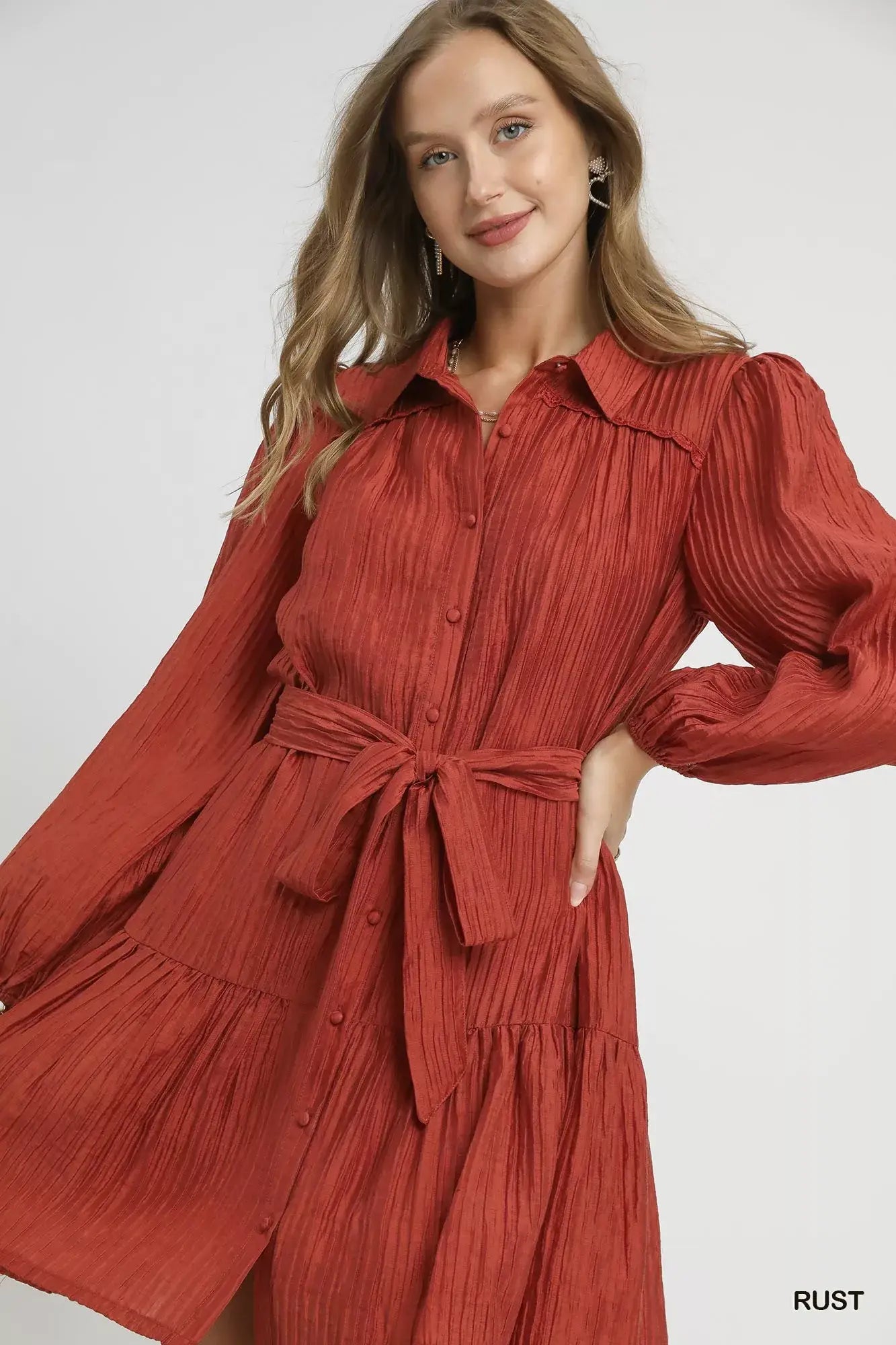 Umgee Crinkle Button-Front Tiered Mini Dress with Waist Tie - Trendsi - Flyclothing LLC