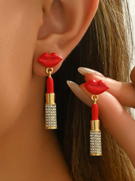 Stainless Steel Resin Lips Lipstick Rhinestone Earrings - Trendsi - Flyclothing LLC