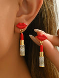 Stainless Steel Resin Lips Lipstick Rhinestone Earrings - Trendsi