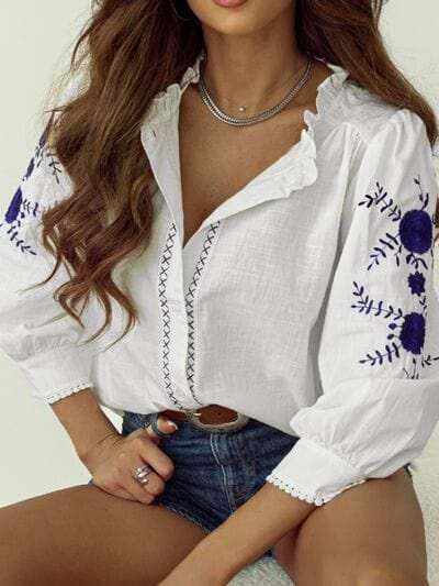 Frill Floral Embroidered Sleeve Shirt - Trendsi - Flyclothing LLC