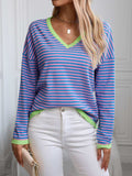 Contrast Trim Striped V-Neck Long Sleeve Knit Top - Trendsi - Flyclothing LLC