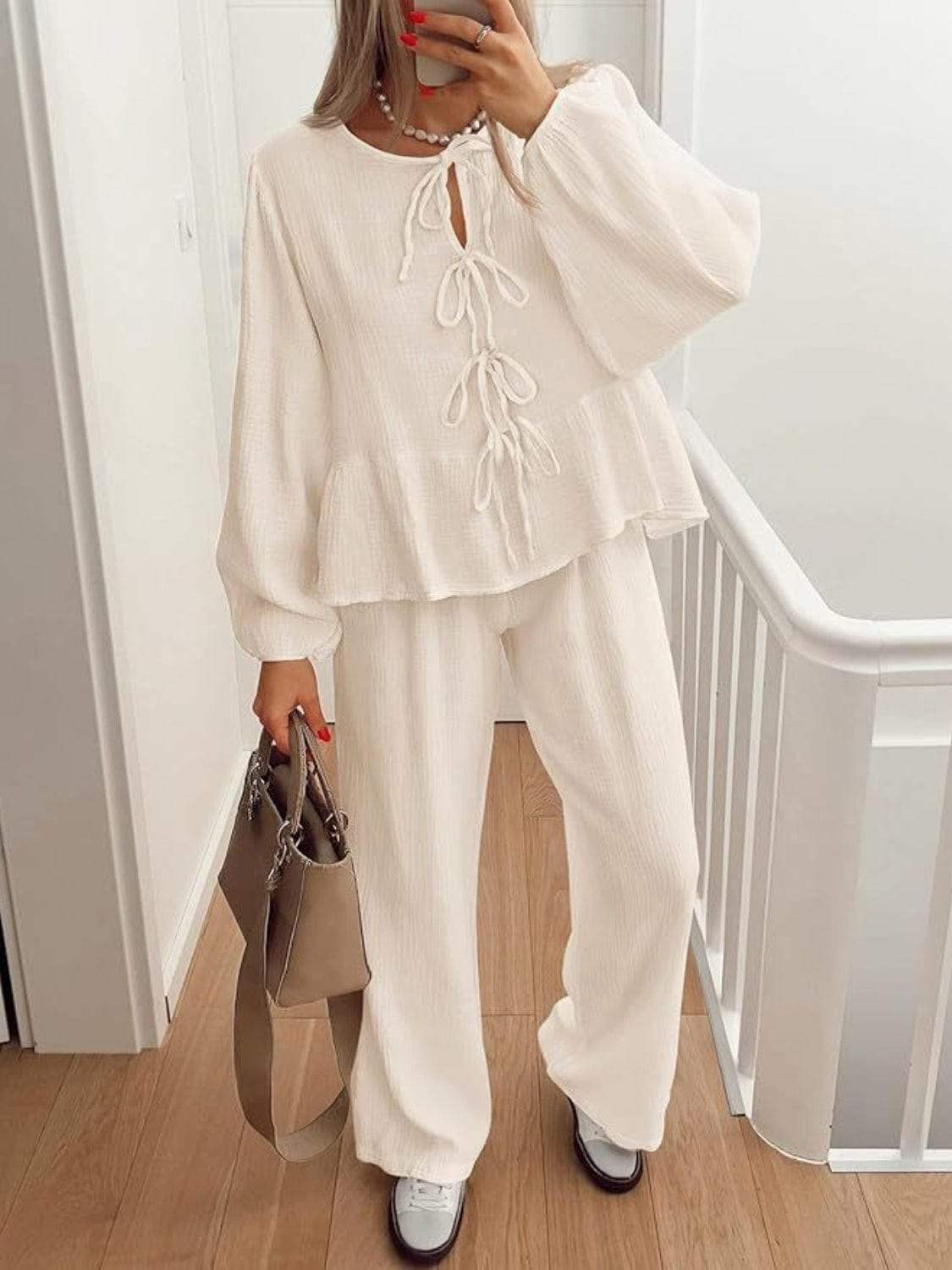 Tie Neck Balloon Sleeve Top and Pants Set - Trendsi - Flyclothing LLC