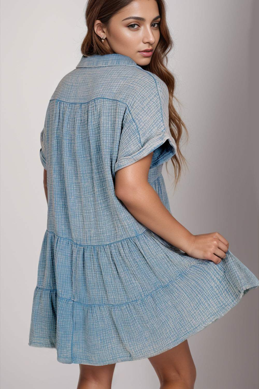 Tiered Notched Short Sleeve Dres - Trendsi - Flyclothing LLC