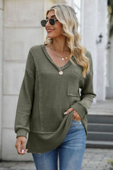 Exposed Seam V-Neck Long Sleeve T-Shirt - Trendsi