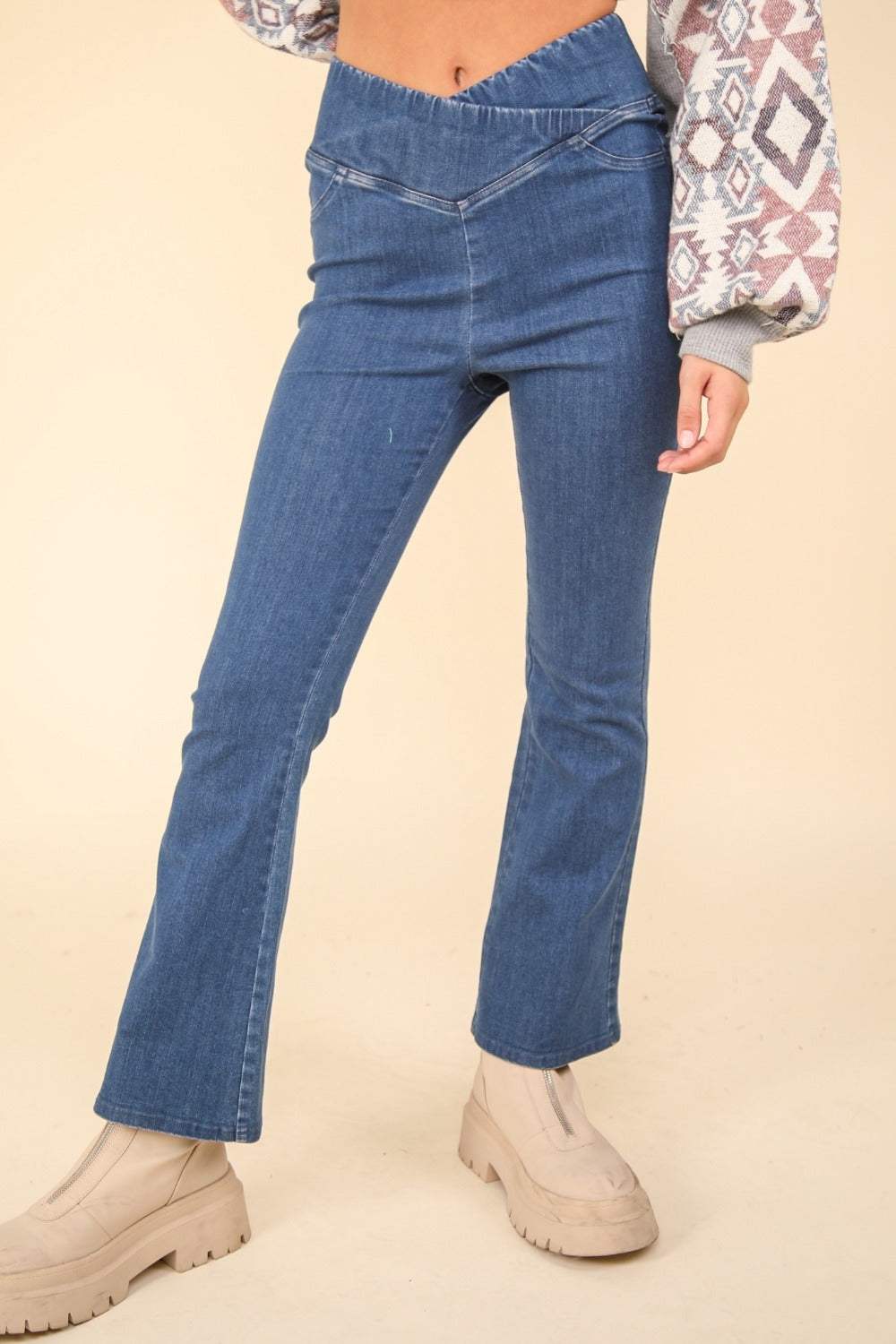 VERY J Washed Denim Stretchy Crossover Waist Leggings - Trendsi - Flyclothing LLC