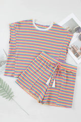 Striped Round Neck Top and Shorts Set - Trendsi - Flyclothing LLC