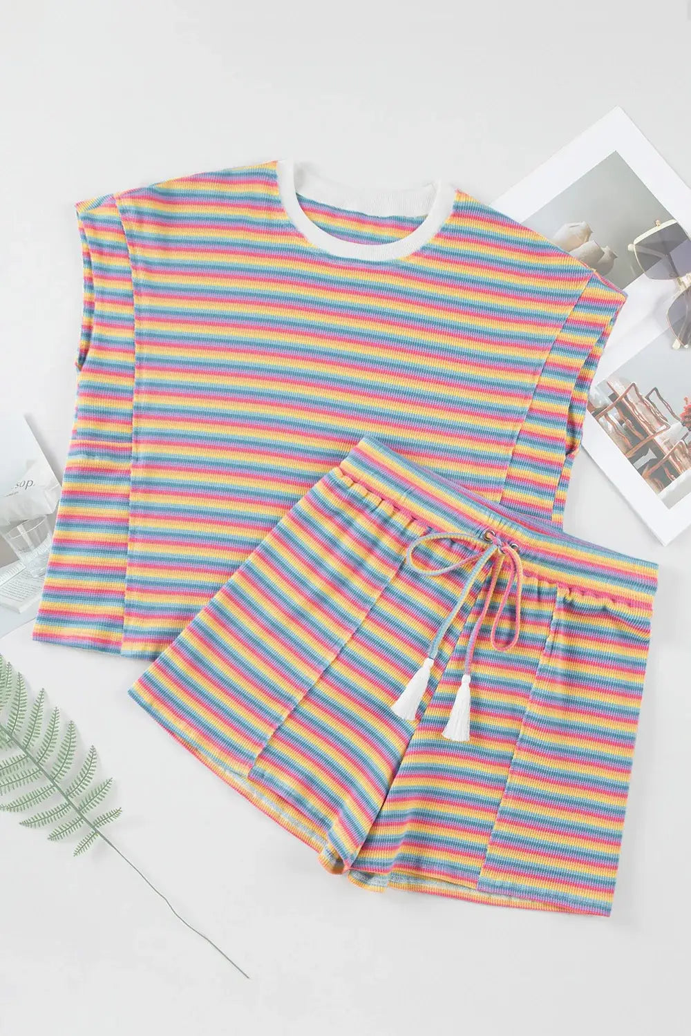 Striped Round Neck Top and Shorts Set - Trendsi - Flyclothing LLC