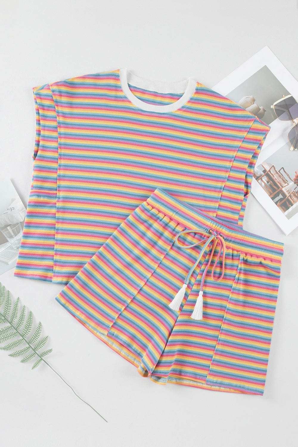 Striped Round Neck Top and Shorts Set - Trendsi - Flyclothing LLC