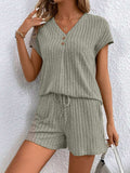 Ribbed V-Neck Top and Shorts Set - Trendsi - Flyclothing LLC