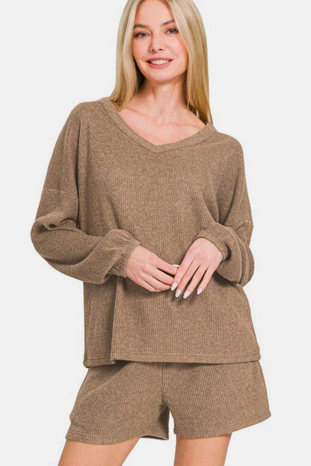 Zenana V-Neck Long Sleeve Ribbed Top and Shorts Set - Trendsi - Flyclothing LLC