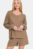 Zenana V-Neck Long Sleeve Ribbed Top and Shorts Set - Trendsi - Flyclothing LLC