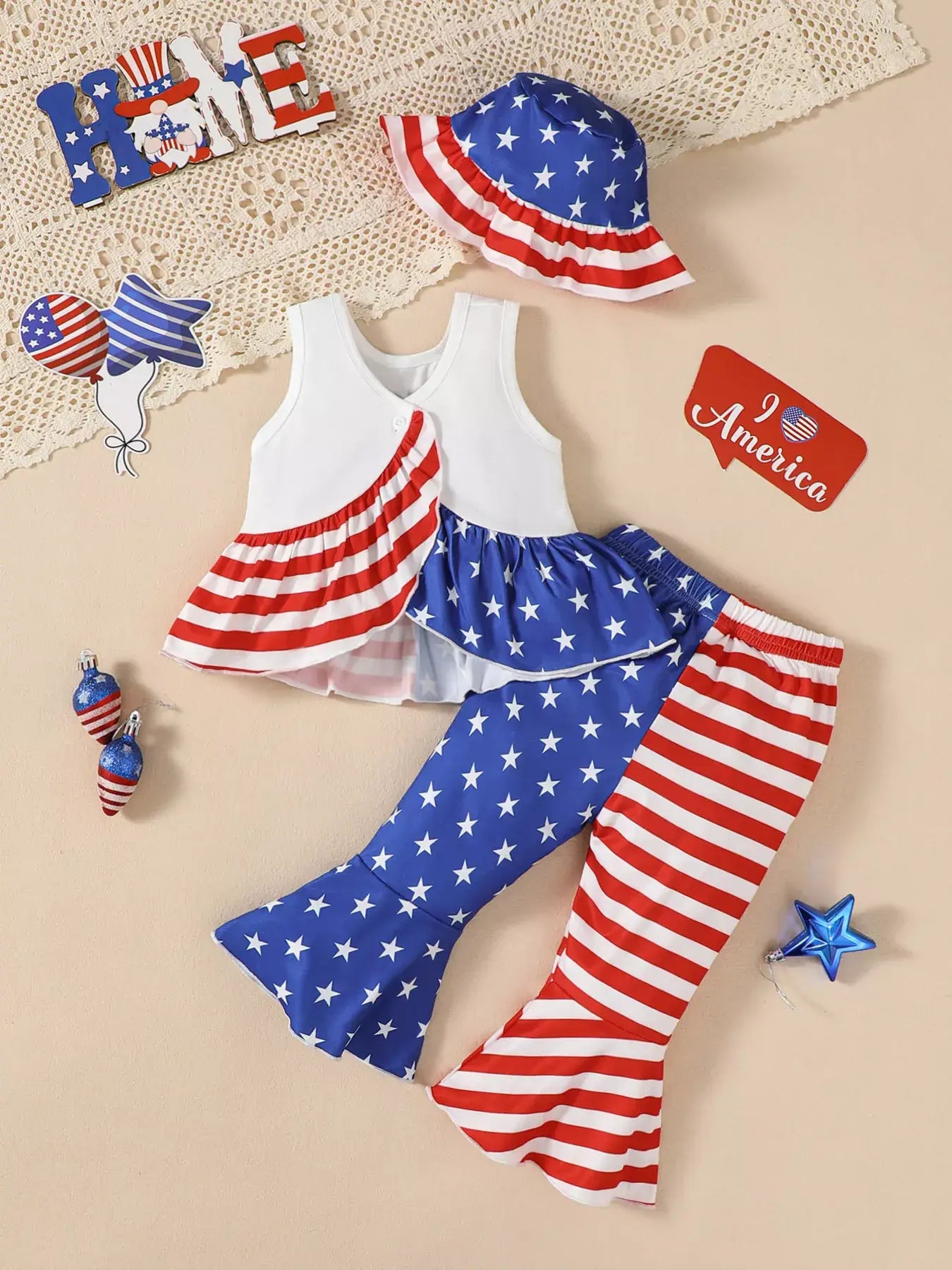 Children's Patriotic Tank and Pants Outfit Set with Hat - Trendsi - Flyclothing LLC