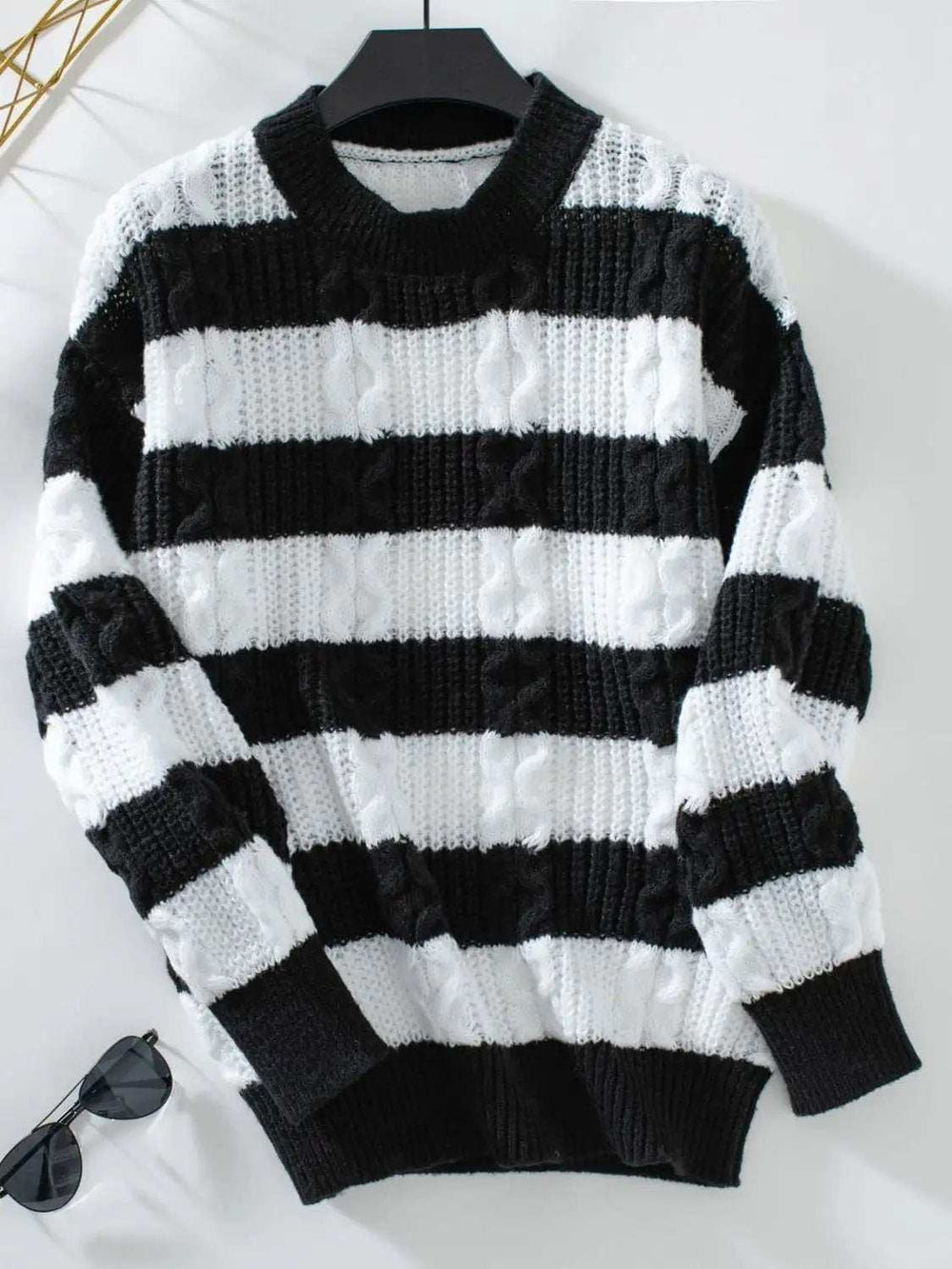Striped Round Neck Long Sleeve Sweater - Trendsi - Flyclothing LLC