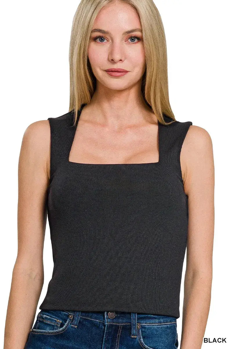 Zenana Ribbed Seamless Double Layered Square Neck Tank - Trendsi - Flyclothing LLC