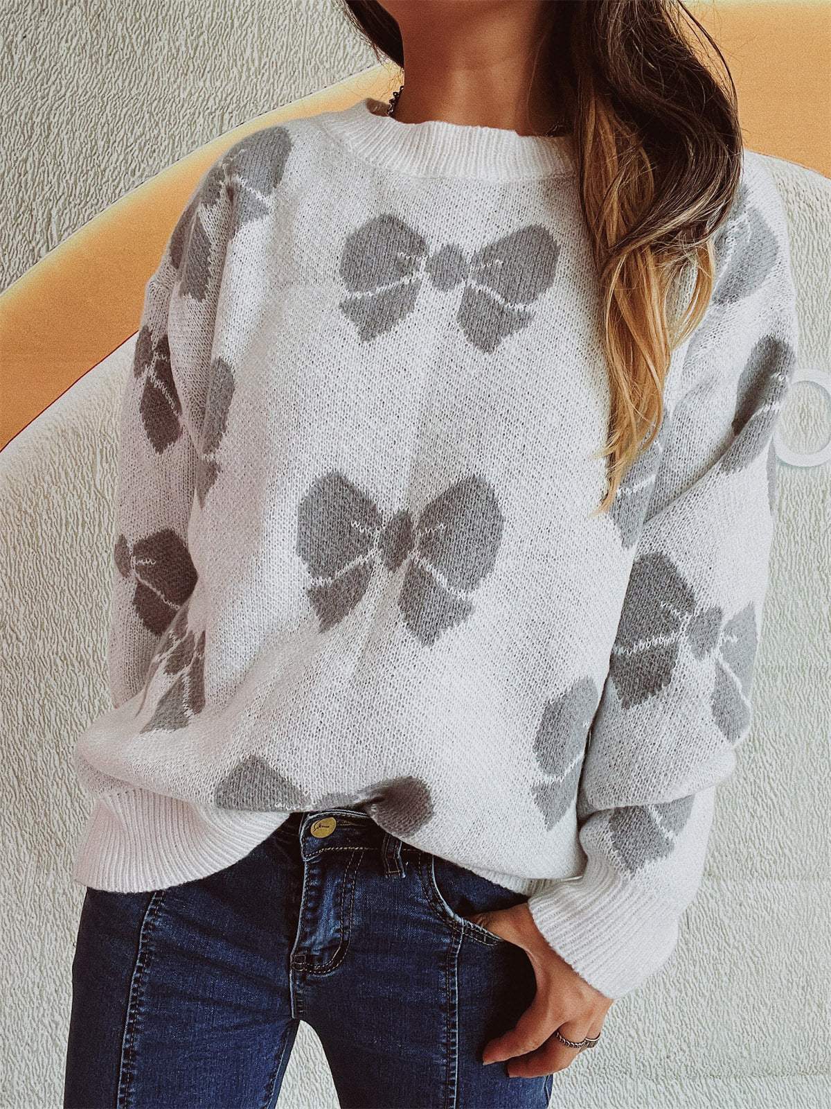 Bow Round Neck Dropped Shoulder Sweater - Trendsi - Flyclothing LLC