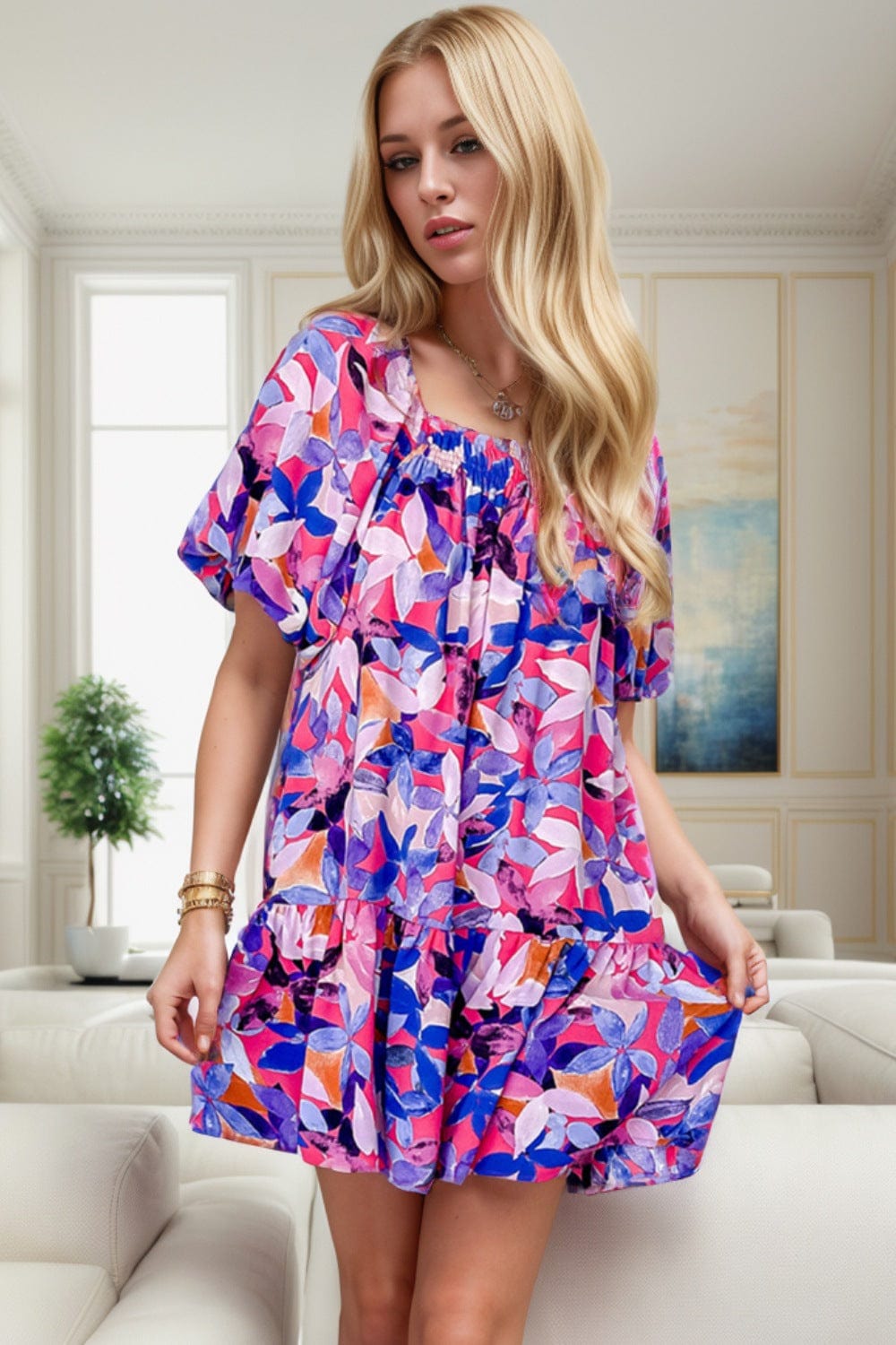 Printed Square Neck Short Sleeve Mini Dress - Trendsi