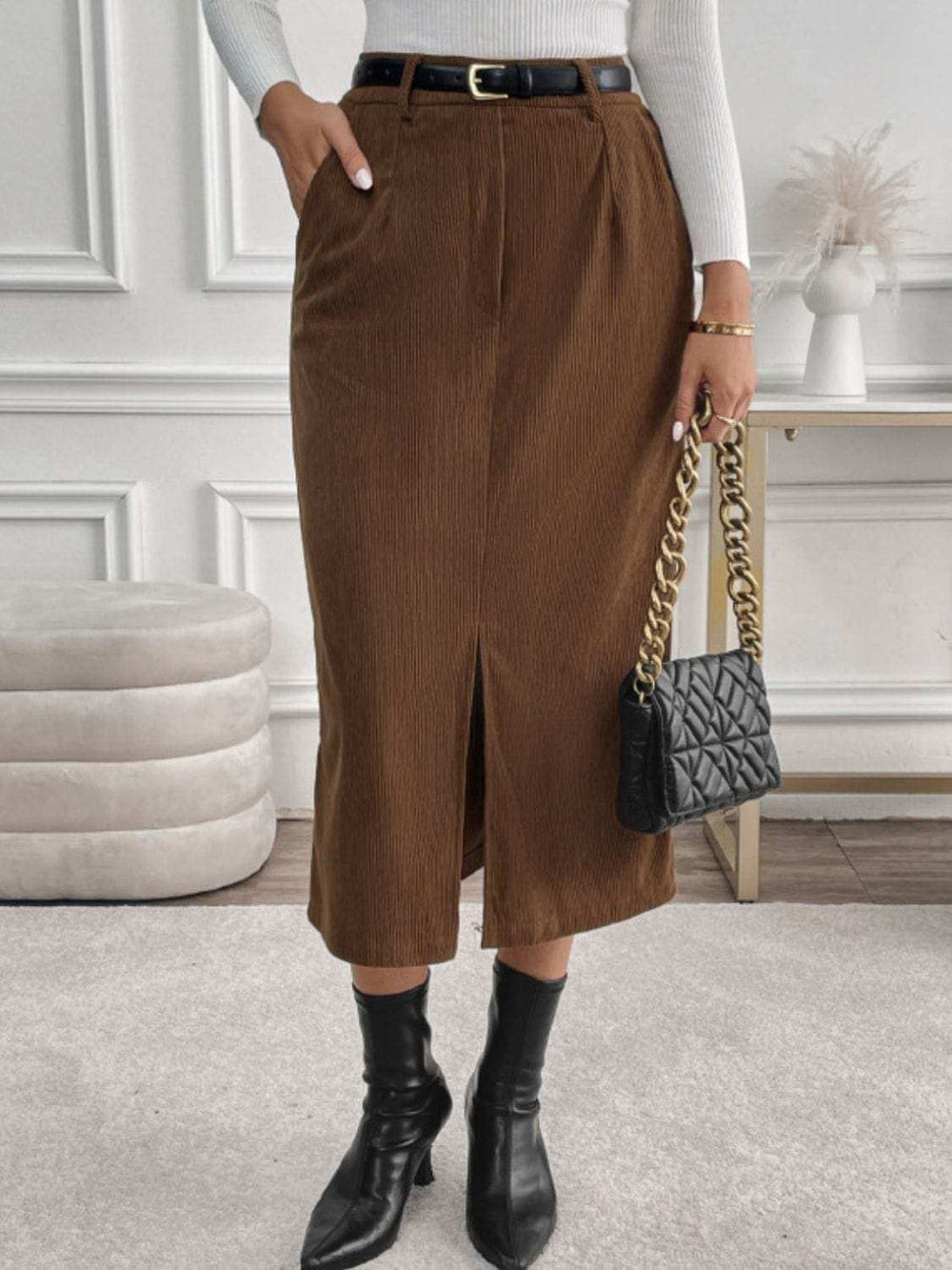 Perfee Slit Midi Skirt with Pockets - Trendsi - Flyclothing LLC