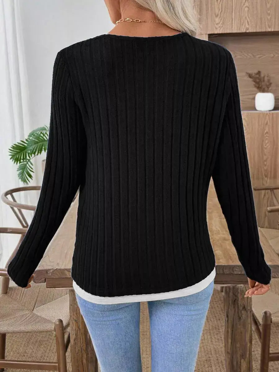 Ribbed Knit Long Sleeve Fake Two-Piece T-Shirt - Trendsi - Flyclothing LLC