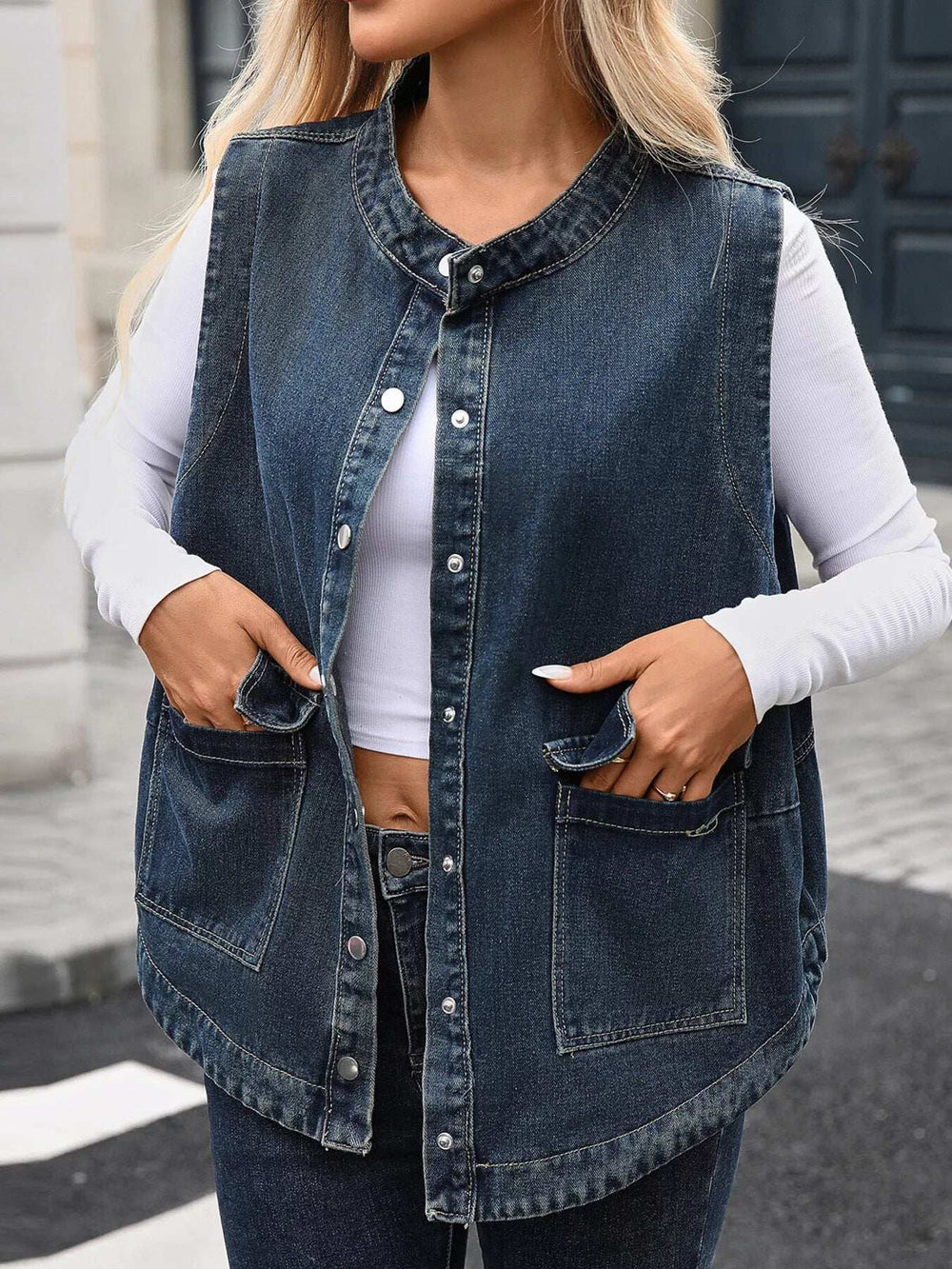 Snap Down Sleeveless Denim Jacket - Trendsi - Flyclothing LLC