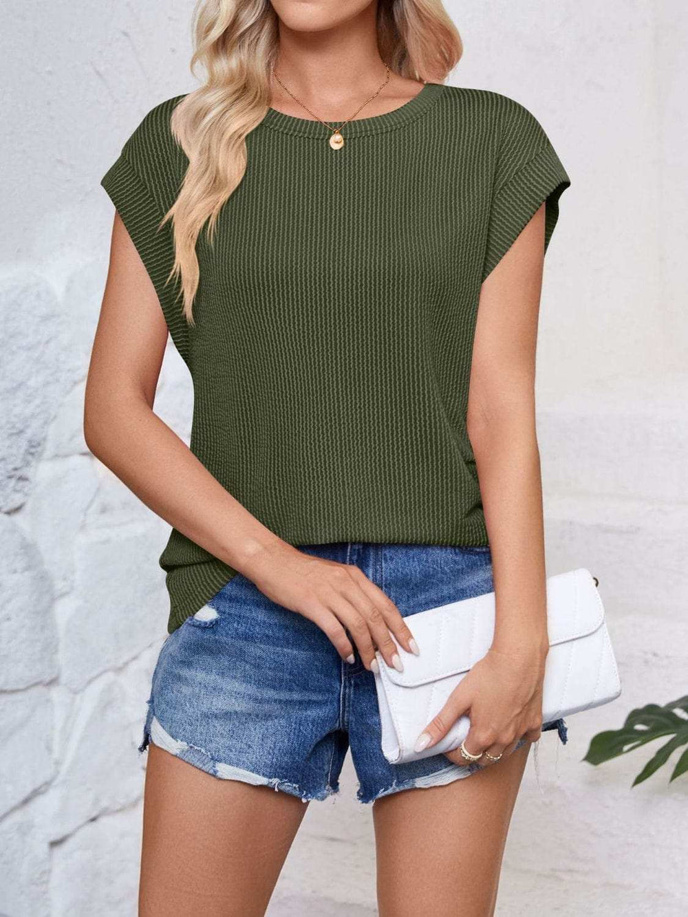 Textured Round Neck Cap Sleeve Blouse - Trendsi - Flyclothing LLC