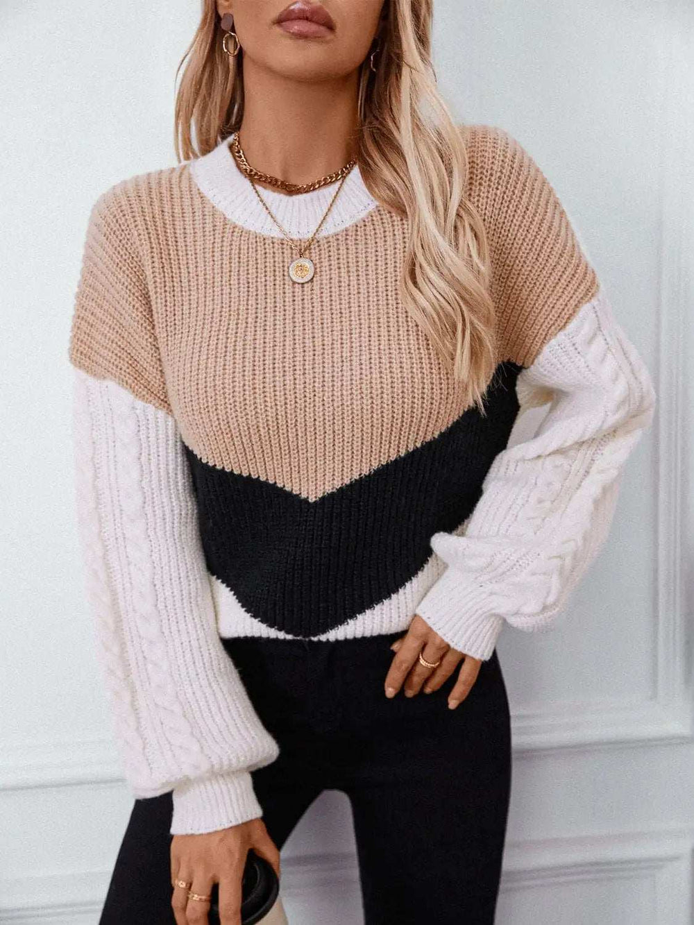Contrast Round Neck Long Sleeve Sweater - Trendsi - Flyclothing LLC