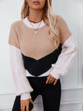 Contrast Round Neck Long Sleeve Sweater - Trendsi