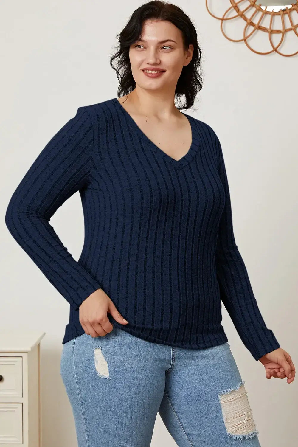 Basic Bae Full Size Ribbed V-Neck Long Sleeve T-Shirt - ShopBasicbae - Flyclothing LLC