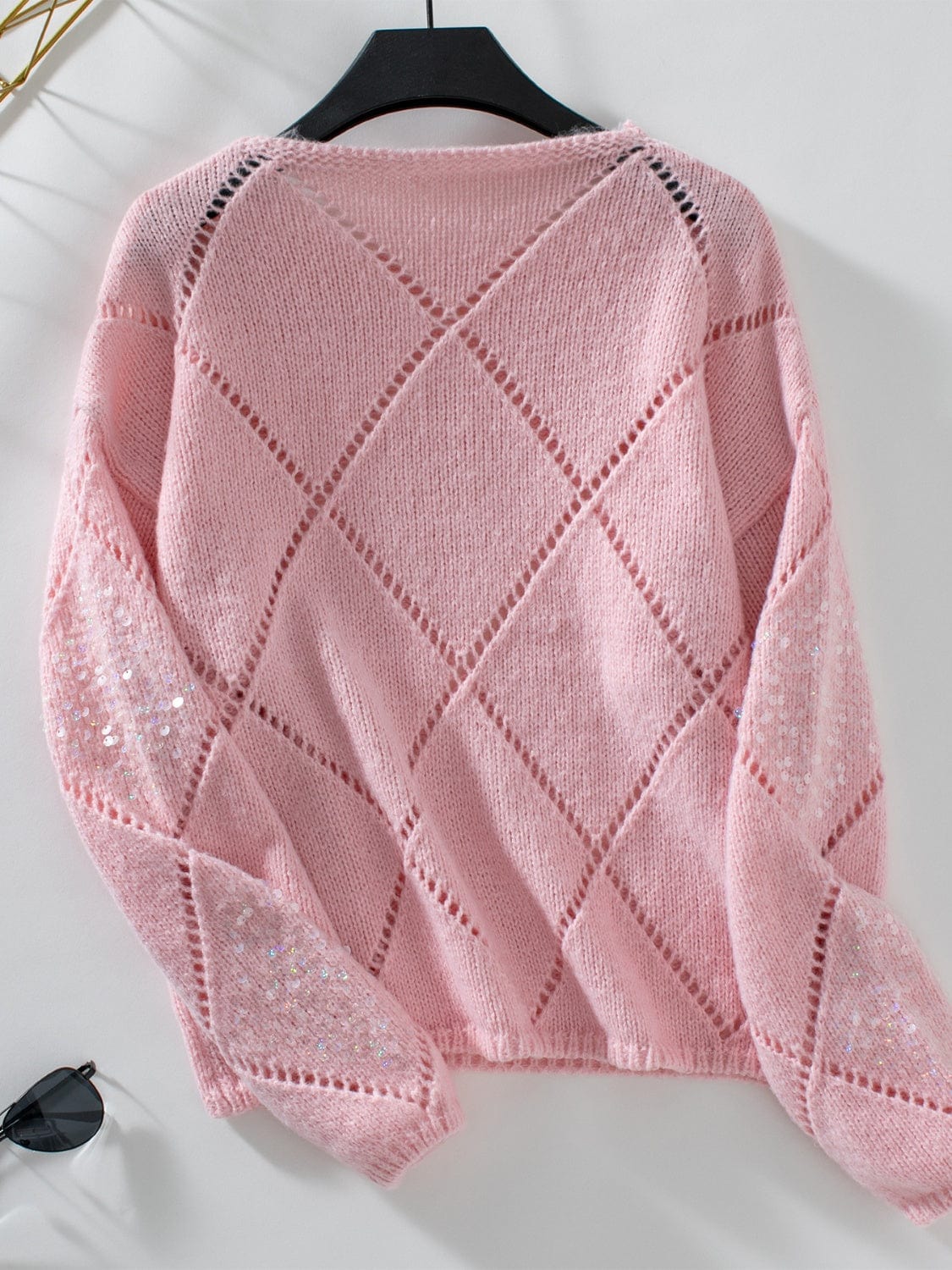 Openwork Round Neck Long Sleeve Knit Top - Trendsi