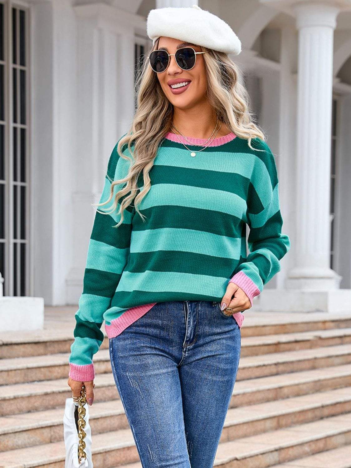 Striped Round Neck Dropped Shoulder Sweater - Trendsi - Flyclothing LLC