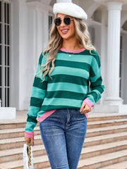 Striped Round Neck Dropped Shoulder Sweater - Trendsi