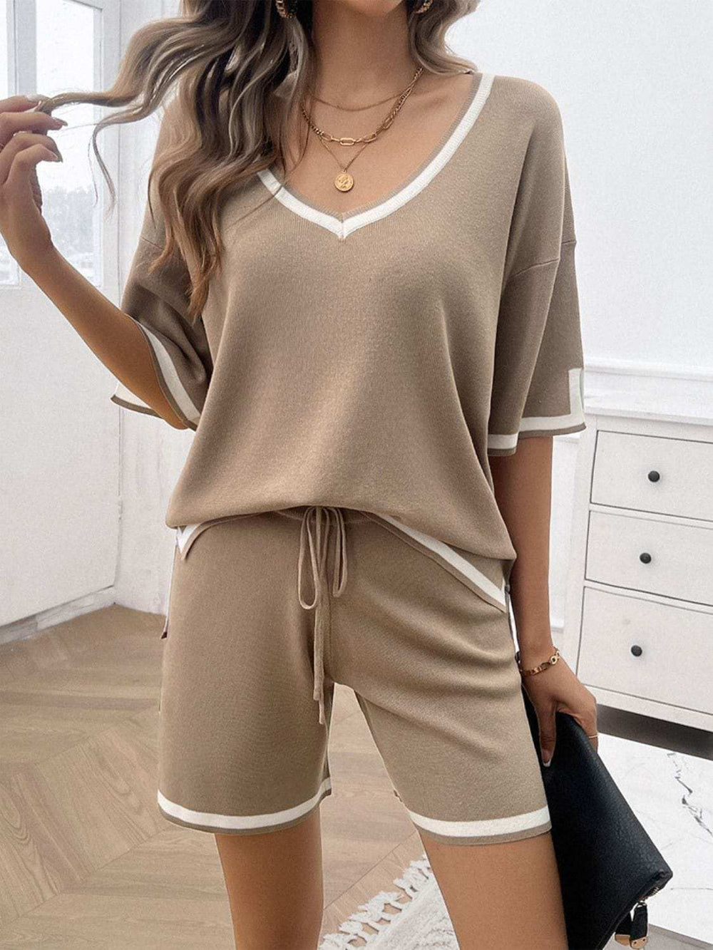 Contrast Trim V-Neck Top and Shorts Set - Trendsi - Flyclothing LLC
