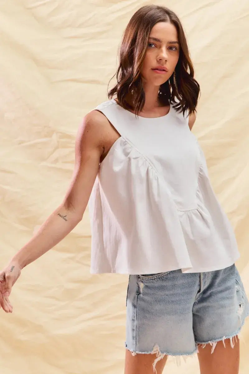 SO ME Game Day Color Denim Ruched Sleeveless Top - Trendsi - Flyclothing LLC