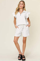 Double Take Full Size Texture Flounce Sleeve Top and Drawstring Shorts Set - Trendsi - Flyclothing LLC